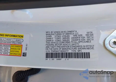2025 Honda Cr-V Ex-L Awd from USA, damaged, VIN 7FARS4H71SE002777
